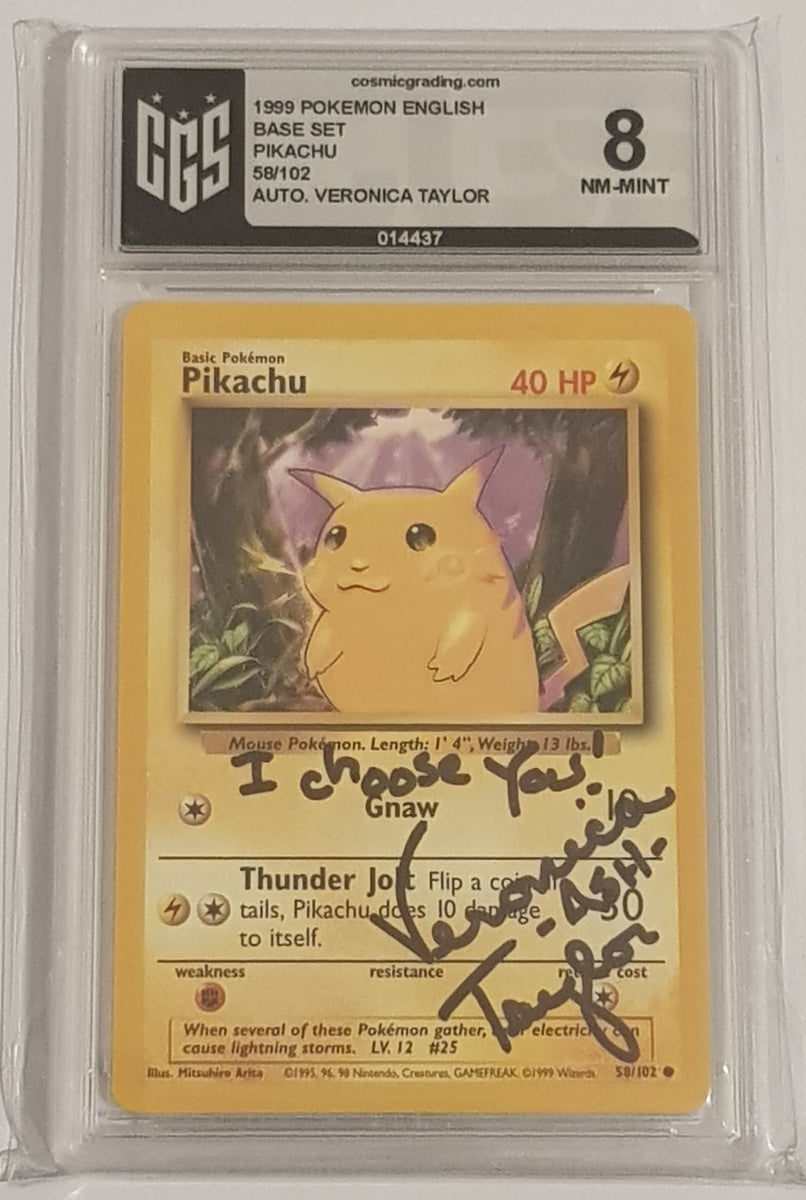 Pokemon Base Set Pikachu #58/102 CGS 8 Trading Card (Signed by Veronica Taylor) Pokemon Base Set Pikachu #58/102 CGS 8 Trading Card (Signed by Veronica Taylor)
