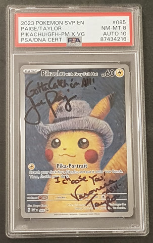 Pokemon x Van Gogh Museum Pikachu w/ Grey Felt Hat #SVP-085 Black Star Promo PSA 8/AUTO 10 Trading Card (Signed by Jason Paige and Veronica Taylor)