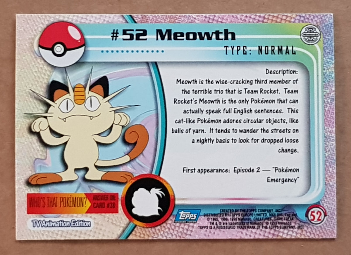 1999 Topps Pokemon TV Animation Series 1 Meowth #52 Foil Parallel Trad Rotterdam Comics 1999 Topps Pokemon TV Animation Series 1 Meowth #52 Foil Parallel Trad Rotterdam Comics