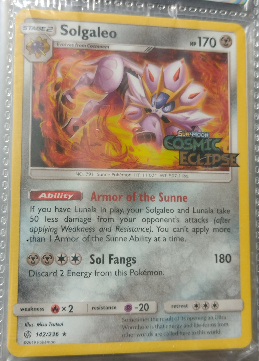 solgaleo pokemon card Pokemon Sun and Moon Cosmic Eclipse Solgaleo #142/236 Holo Trading Car – Rotterdam Comics