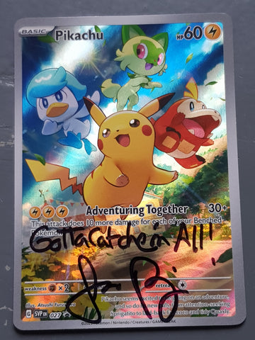 Pokemon Scarlet and Violet Paldea Evolved Pikachu ETB Promo #27 Holo Trading Card (signed by Jason Paige)