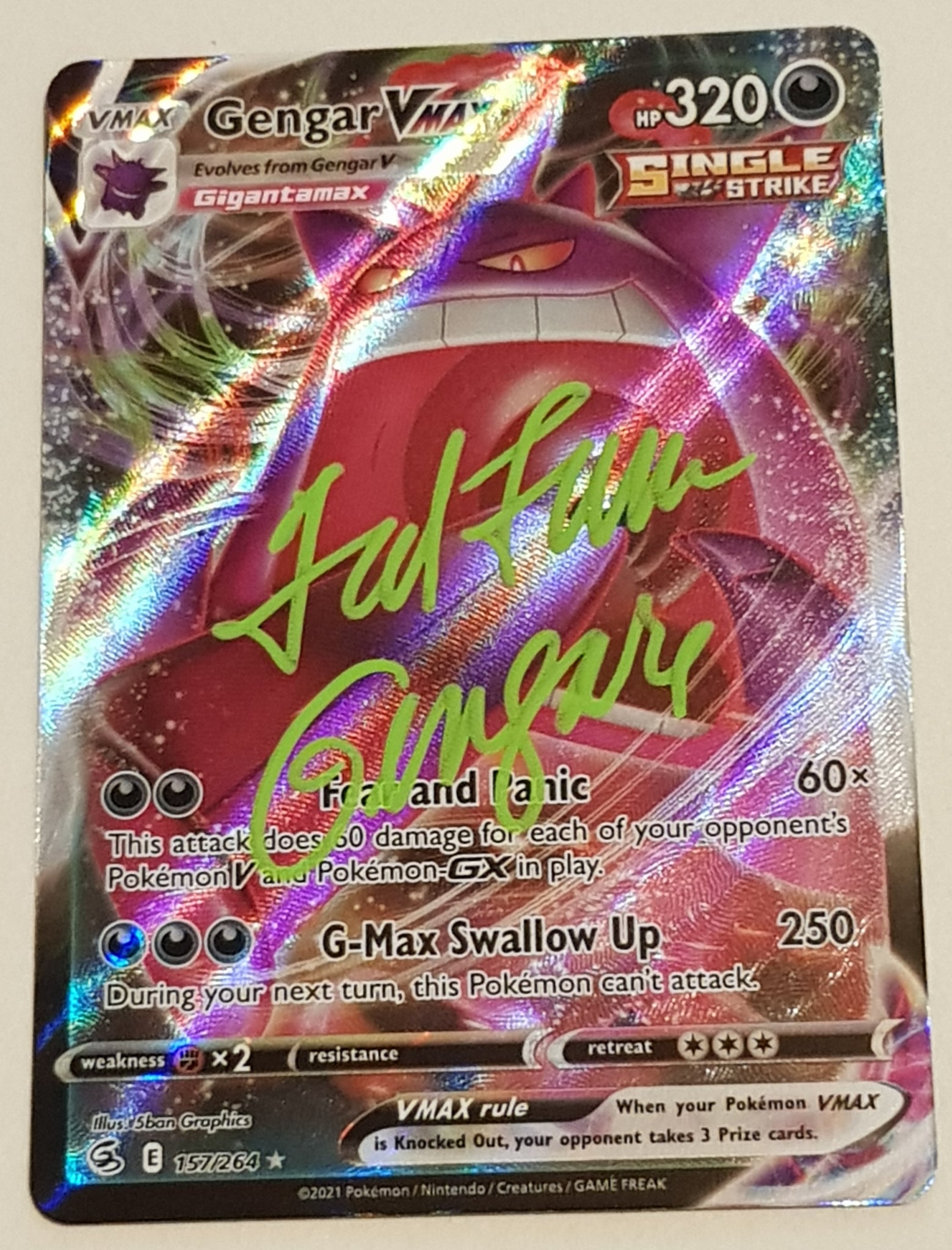 Pokemon Sword and Shield Fusion Strike Gengar Vmax #157/264 Full Art Holo Trading Card (Signed by Ted Lewis)