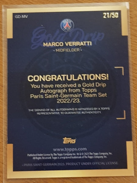 2022-23 Topps Paris Saint-Germain Team Set Gold Drip Marco Verratti #GD-MV /50 Autograph Card