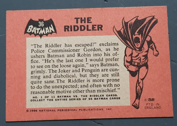 1966 Batman Black Bat Series The Riddler #36 Trading Card (English Orange back)