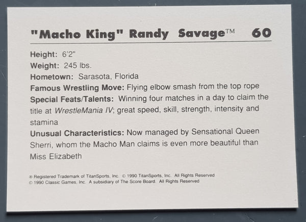 1990 Classic WWF "Macho King"  Randy Savage #60 Trading Card