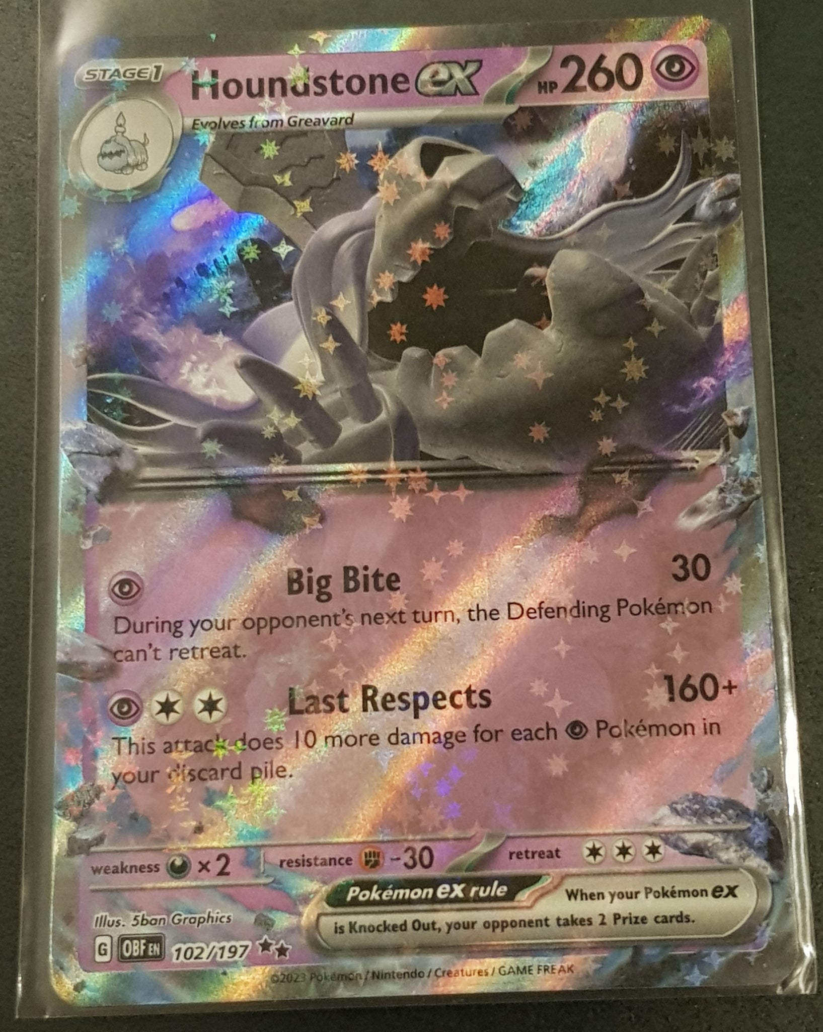 Pokemon Scarlet and Violet Obsidian Flames Houndstone Ex #102/197 Holo Rotterdam Comics Pokemon Scarlet and Violet Obsidian Flames Houndstone Ex #102/197 Holo Rotterdam Comics