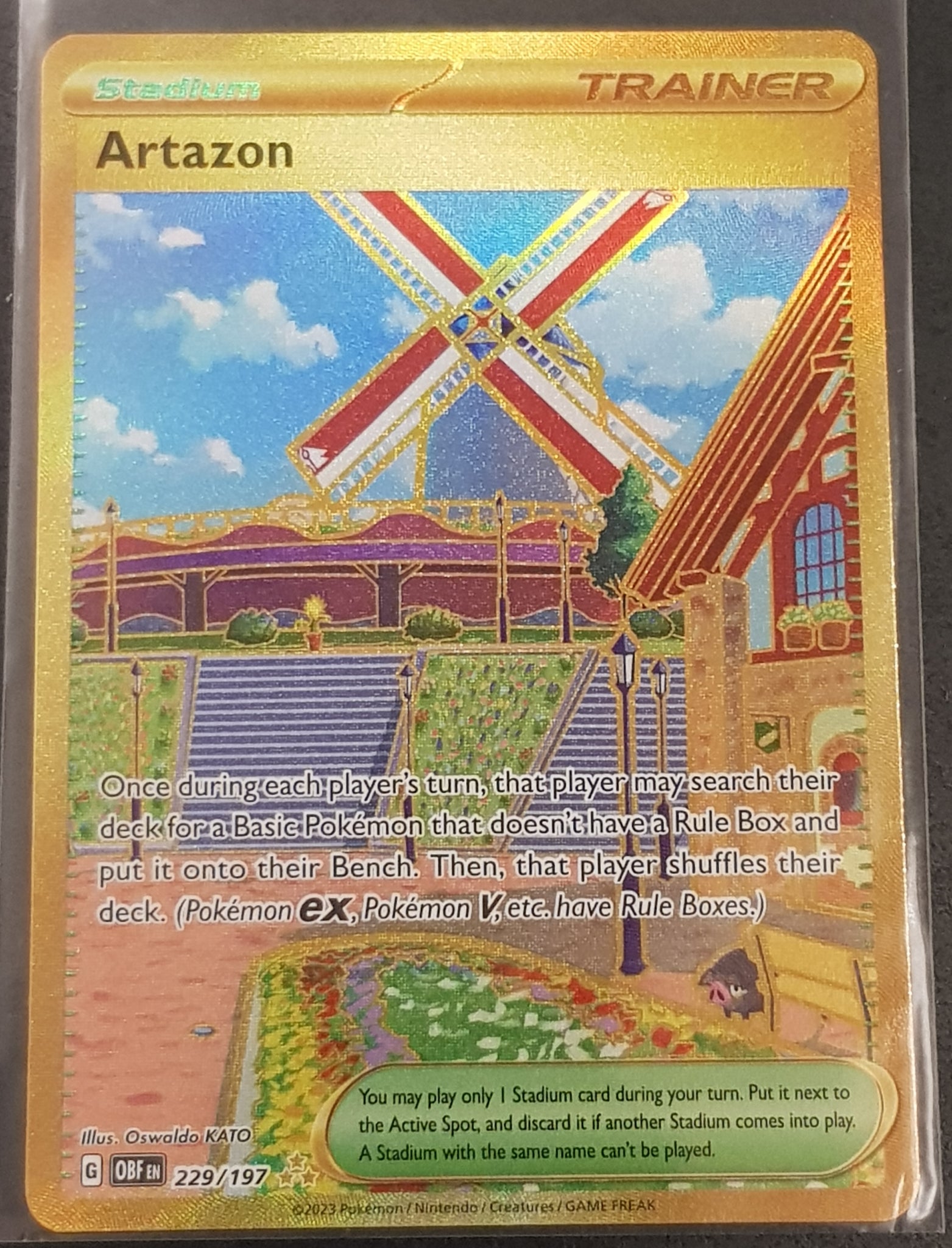 Pokemon Scarlet and Violet Obsidian Flames Artazon #229/197 Gold Secret Hyper Rare Holo Trading Card