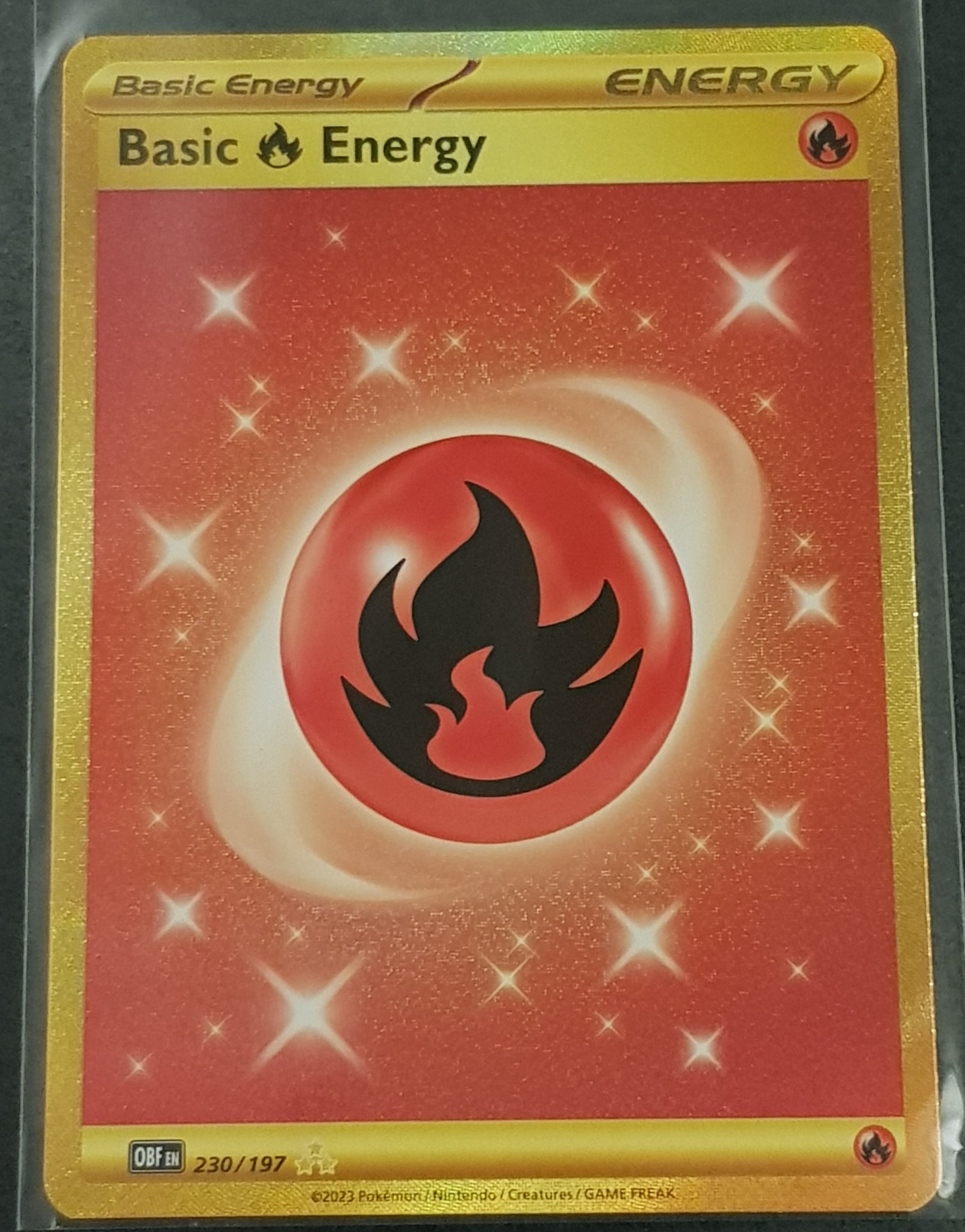 Pokemon Scarlet and Violet Obsidian Flames Fire Energy #230/197 Gold Secret Hyper Rare Holo Trading Card