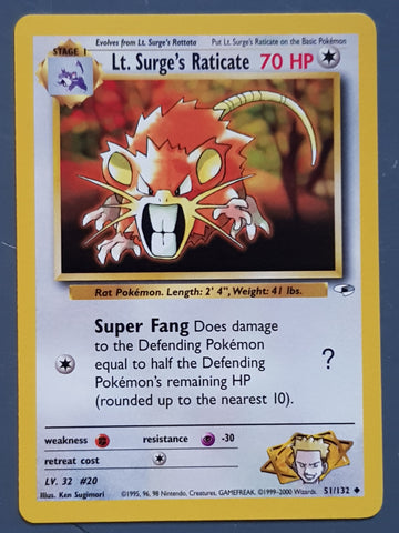 Pokemon Gym Heroes Lt. Surge's Raticate #51/132 Trading Card