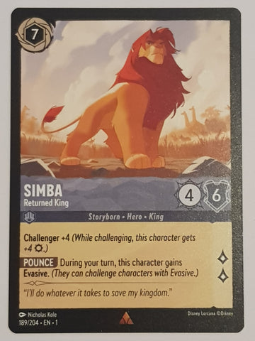 Disney Lorcana the First Chapter Simba Returned King #189/204 Rare Trading Card