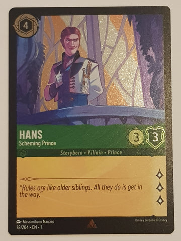 Disney Lorcana the First Chapter Hans Scheming Prince #78/204 Rare Foil Trading Card