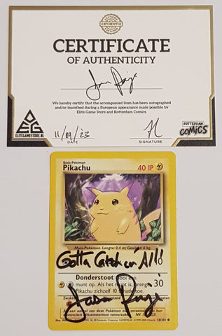 Pokemon Dutch Base Pikachu #58/102 Trading Card (Signed by Jason Paige)