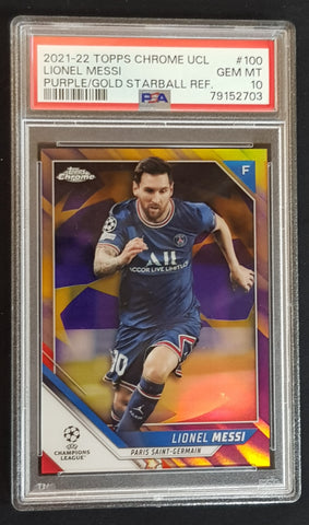 2021-22 Topps Chrome UEFA Champions League Lionel Messi #100 Purple/Gold Starball Refractor PSA 10 Trading Card