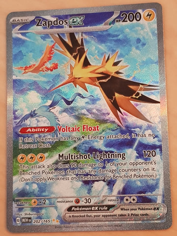 Pokemon Scarlet and Violet 151 Zapdos Ex #202/165 Special Art Rare Holo Trading Card