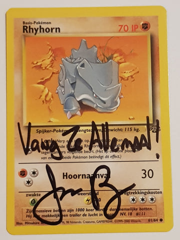 Pokemon Dutch Jungle Rhyhorn #61/64 Trading Card (Signed by Jason Paige in Dutch)