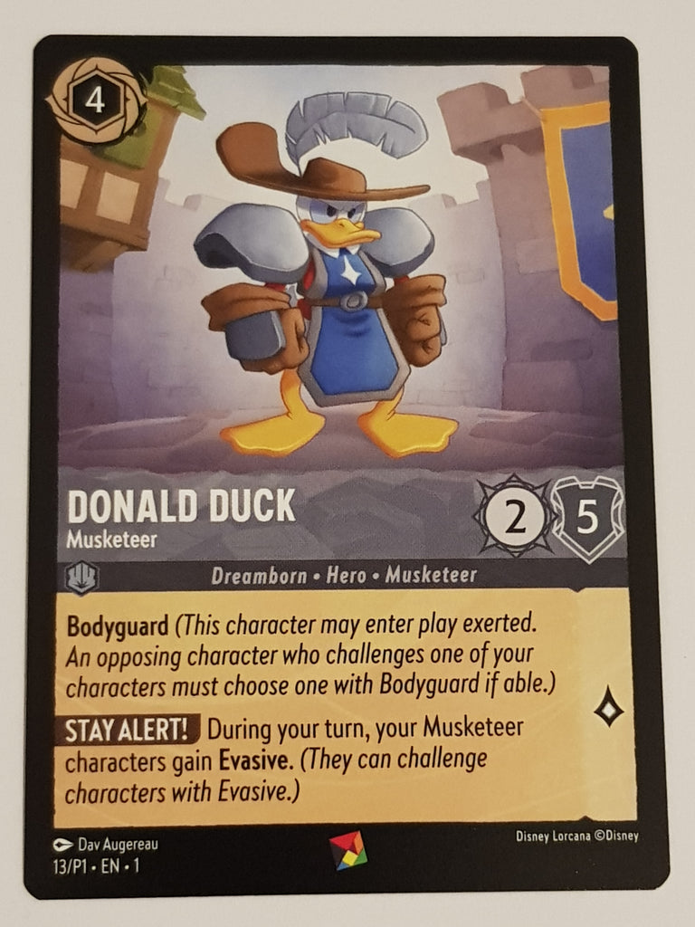 donald duck lorcana cards Disney Lorcana the First Chapter Donald Duck Musketeer #13/P1 Promo Ca – Rotterdam Comics