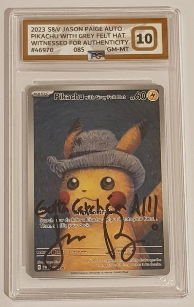 Pokemon x Van Gogh Museum Pikachu w/ Grey Felt Hat #SVP-085 Black Star Promo PG Grading 10 Trading Card (Signed by Jason Paige)