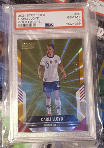 2021-22 Panini Score FIFA Carli Lloyd #50 Gold Laser Parallel /10 PSA 10 Trading Card