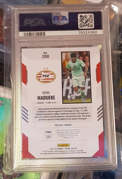2021-22 Panini Score FIFA Noni Madueke #200 Green Laser Parallel /5 PSA 10 Rookie Card