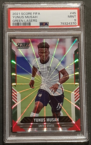 2021-22 Panini Score FIFA Yunus Musah #45 Green Laser Parallel /5 PSA 9 Trading Card
