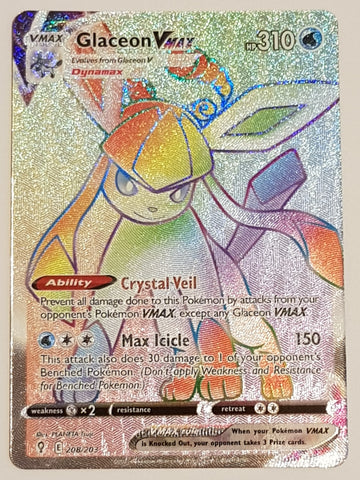Pokemon Sword and Shield Evolving Skies Glaceon Vmax #208/203 Secret Rare Rainbow Holo Trading Card