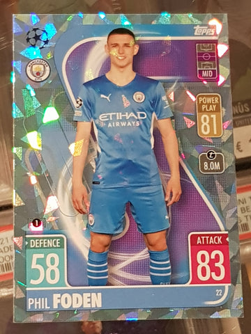 2021-22 Topps Match Attax UEFA Champions League Phil Foden #22 Crystal Parallel Trading Card