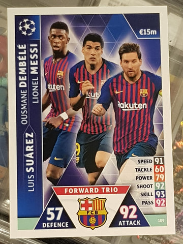 2018-19 Topps Match Attax UCL Messi/Suarez/Dembele Forward Trio #109 Trading Card