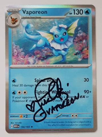 Pokemon Scarlet and Violet 151 Vaporeon #134/165 Holo Trading Card (Signed by Lisa Ortiz)