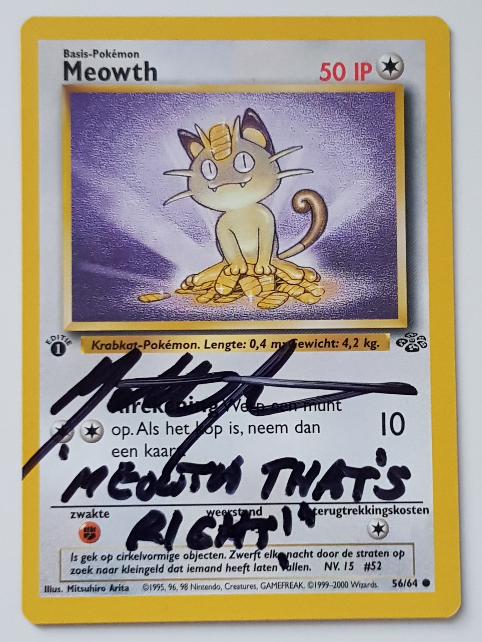 Pokemon Dutch Jungle (1st Edition) Meowth #56/64 Trading Card (Signed by Matthew Sussman)