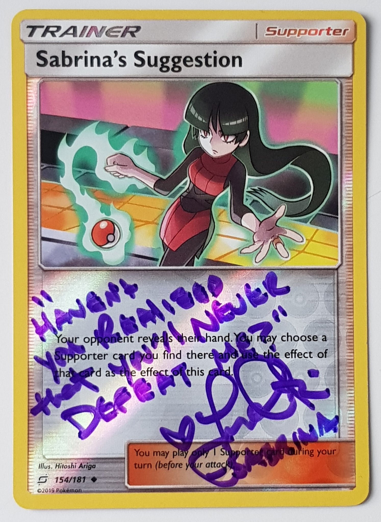 Pokemon Sun and Moon Team-Up Sabrina's Suggestion #154/181 Reverse Holo Trading Card (Signed by Lisa Ortiz)