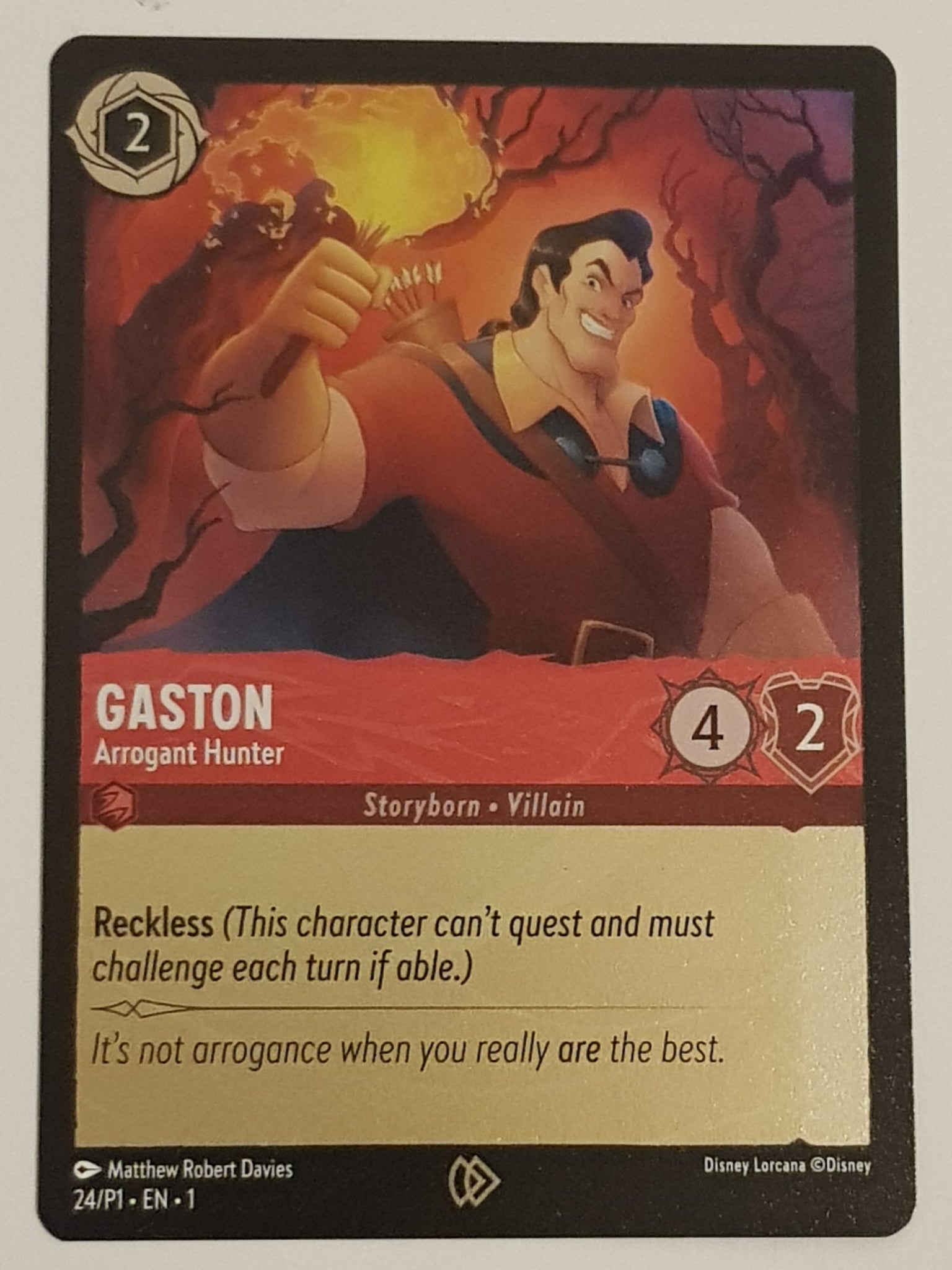 gaston lorcana card Disney Lorcana the First Chapter Gaston Arrogant Hunter #24/P1 Convention Foil Promo Card