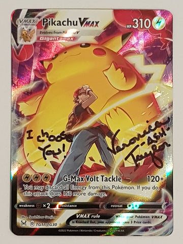 Pokemon SWSH Lost Origin Pikachu Vmax #TG17/TG30 Full Art Holo Trading Card (Signed by Veronica Taylor)