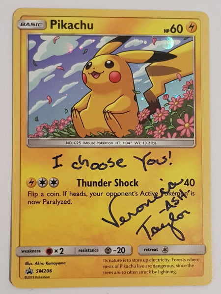 Pokemon Sun and Moon Unified Minds Pikachu #SM206 Black Star Promo Holo Trading Card (Signed by Veronica Taylor)