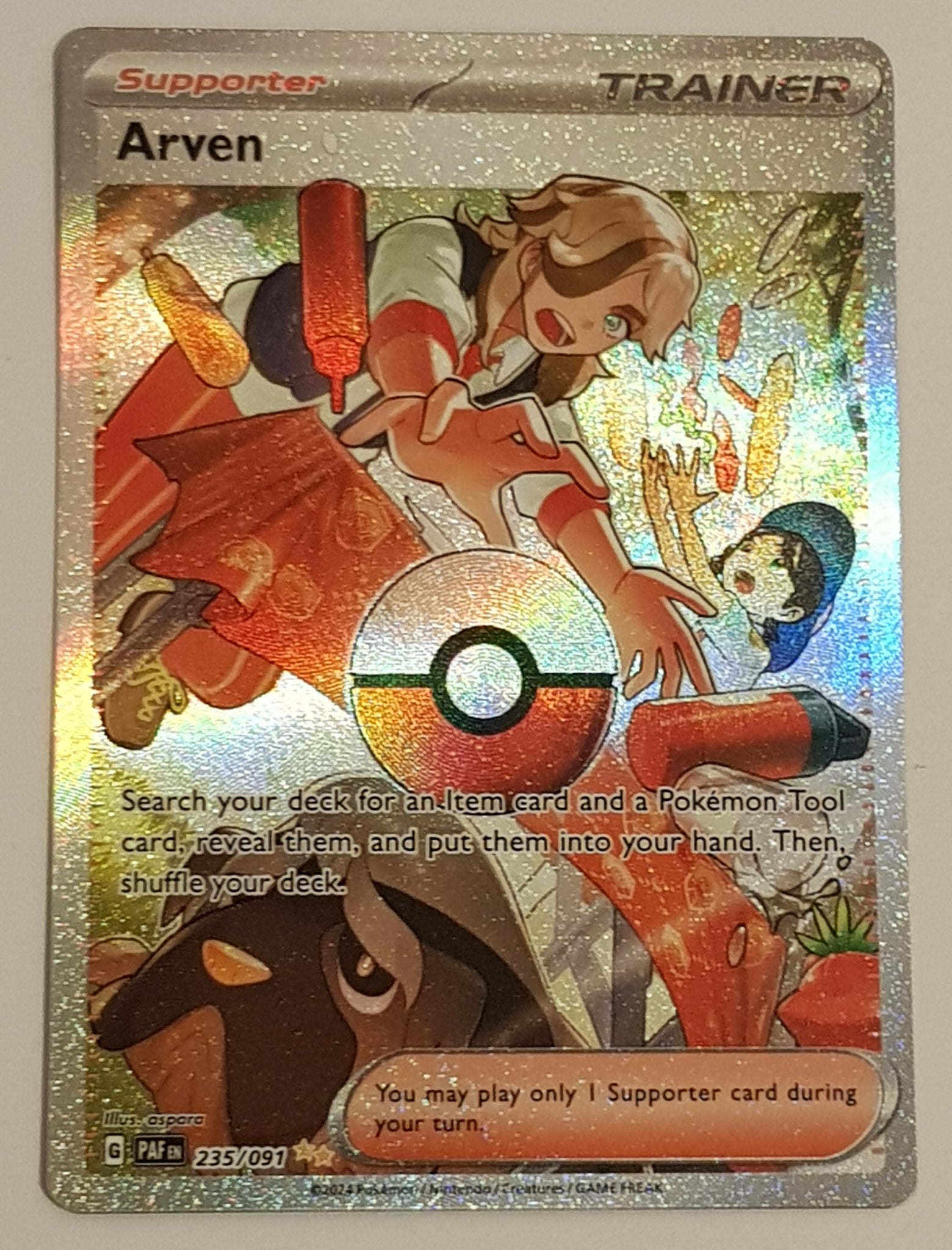 Pokemon Scarlet and Violet Paldean Fates Arven #235/091 Special Illustration Rare Holo Trading Card Pokemon Scarlet and Violet Paldean Fates Arven #235/091 Special Illustration Rare Holo Trading Card