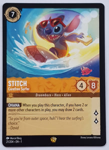 Disney Lorcana the First Chapter Stitch Carefree Surfer #21/204 Legendary Rare Trading Card