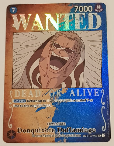 One Piece Card Game OP-03 Pillars of Strength #ST03-009 Donquixote Doflamingo Wanted Alt Art Foil Trading Card