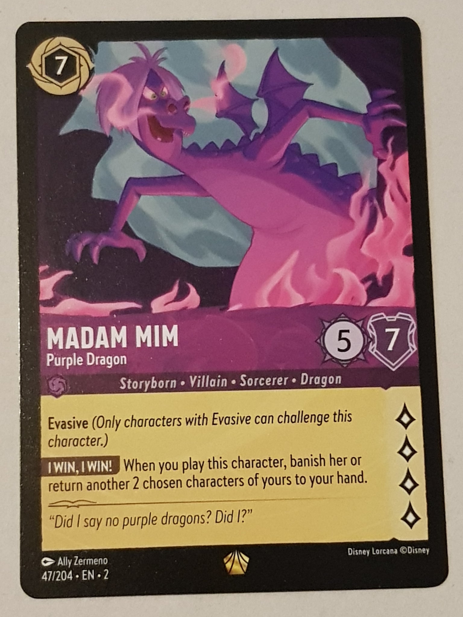 Disney Lorcana Rise of the Floodborn Madam Mim Purple Dragon #47/204 Legendary Rare Trading Card Disney Lorcana Rise of the Floodborn Madam Mim Purple Dragon #47/204 Legendary Rare Trading Card