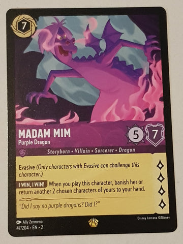 Disney Lorcana Rise of the Floodborn Madam Mim Purple Dragon #47/204 Legendary Rare Trading Card