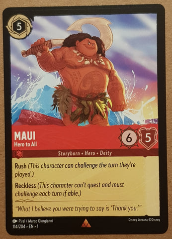 Disney Lorcana the First Chapter Maui Hero to All #114/204 Rare Trading Card