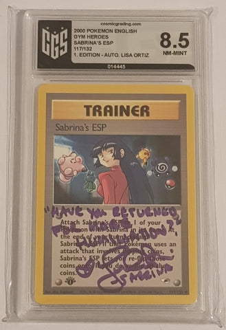 Pokemon Gym Heroes (1st Edition) Sabrina's ESP #117/132 CGS 8.5 Trading Card (Signed by Lisa Ortiz)