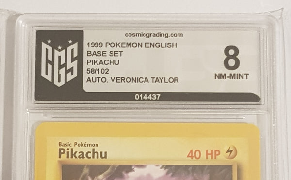 Pokemon Base Set Pikachu #58/102 CGS 8 Trading Card (Signed by Veronica Taylor)