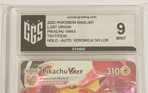 Pokemon SWSH Lost Origin Pikachu Vmax #TG17/TG30 Full Art Holo CGS 9 Trading Card (Signed by Veronica Taylor)