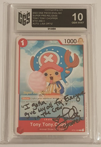 One Piece Card Game OP-01 Romance Dawn Tony-Tony Chopper #ST01-006 Super Pre-Release CGS 10 Trading Card (Signed by Lisa Ortiz)