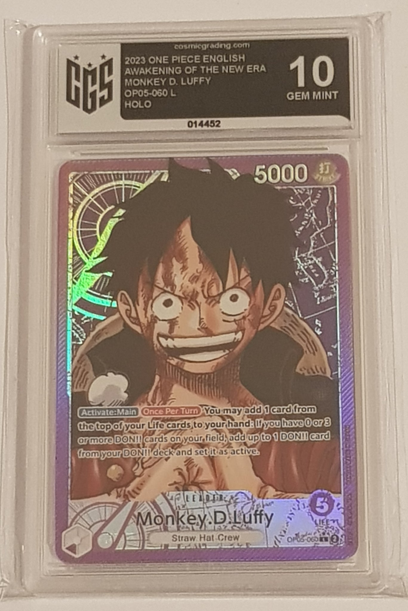 One Piece Card Game OP-05 Awakening of the New Era Monkey D Luffy #OP05-060 Leader Alt Art Parallel Foil CGS 10 Trading Card