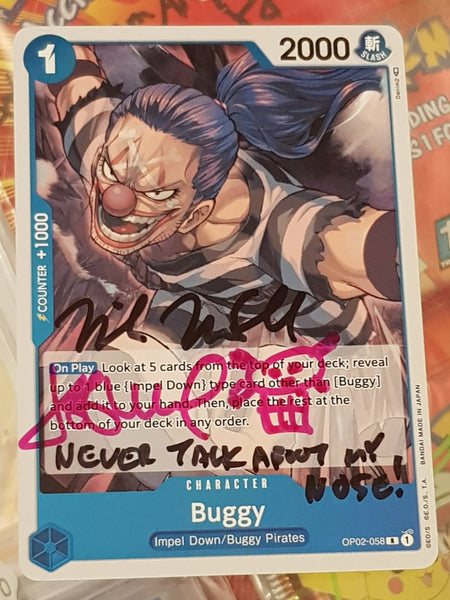 One Piece Card Game OP-02 Paramount War Buggy #OP02-058 Rare Trading Card (Signed by Jeff Ward and Mike McFarland)