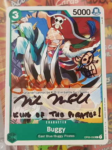One Piece Card Game OP-03 Pillars of Strength Buggy #OP03-008 Trading Card (Signed by Jeff Ward and Mike McFarland)