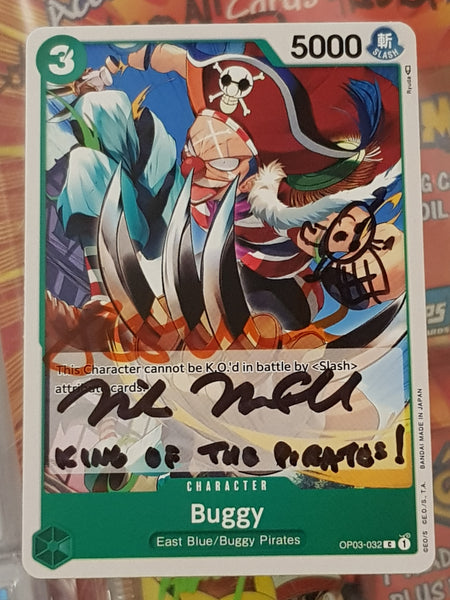 One Piece Card Game OP-03 Pillars of Strength Buggy #OP03-008 Trading Card (Signed by Jeff Ward and Mike McFarland)