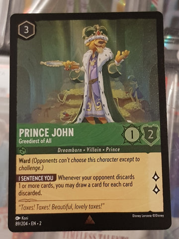 Disney Lorcana Rise of the Floodborn Prince John Greediest of All #89/204 Rare Foil Trading Card