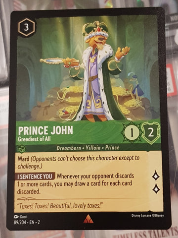 Disney Lorcana Rise of the Floodborn Prince John Greediest of All #89/204 Rare Trading Card