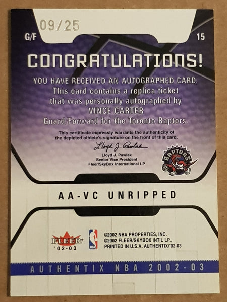 2002-03 Fleer NBA Authentix Vince Carter Autographed Authentix #AA-VC Unripped /25 Trading Card